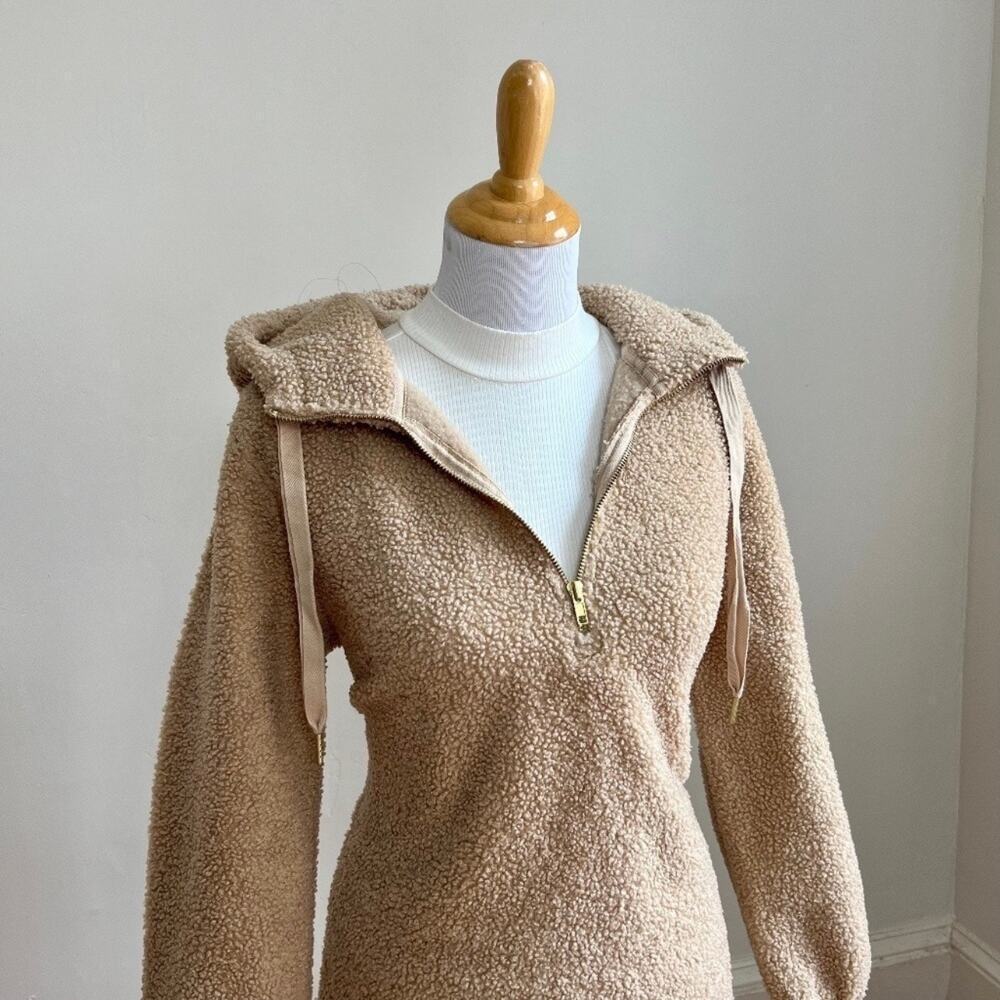 LOFT Sherpa Teddy Neutral Tan Cozy Fleece Hoodie Sweater Womens Medium - Picture 3 of 9